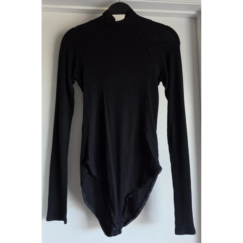 Free People Bodysuit Medium Black Turtleneck Long Sleeve Solid Snap Top
